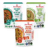 Assorted Regal Kitchen Foods USA LLC ready-to-eat rice pouches from the Eat Regal Gourmet Rice Variety Pack, featuring different rice flavors.