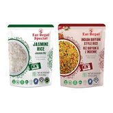 Ready-to-eat rice variety pack by Regal Kitchen Foods featuring Jasmine and Biryani-style rice in a pack of 12, gluten-free and high protein