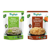 Organic ready-to-eat rice pack with whole grain brown rice and cilantro lime rice from Regal Kitchen Foods, USDA Organic, vegan, gluten-free.
