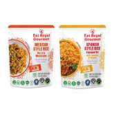 Ready-to-eat rice variety pack featuring Spanish and Mexican styles by Regal Kitchen Foods, 8.8 oz microwaveable, gluten-free rice packs.