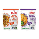 Ready-to-eat Regal Kitchen Foods rice variety pack with broccoli & cheddar and Mexican style rice in 8.8 oz packages.