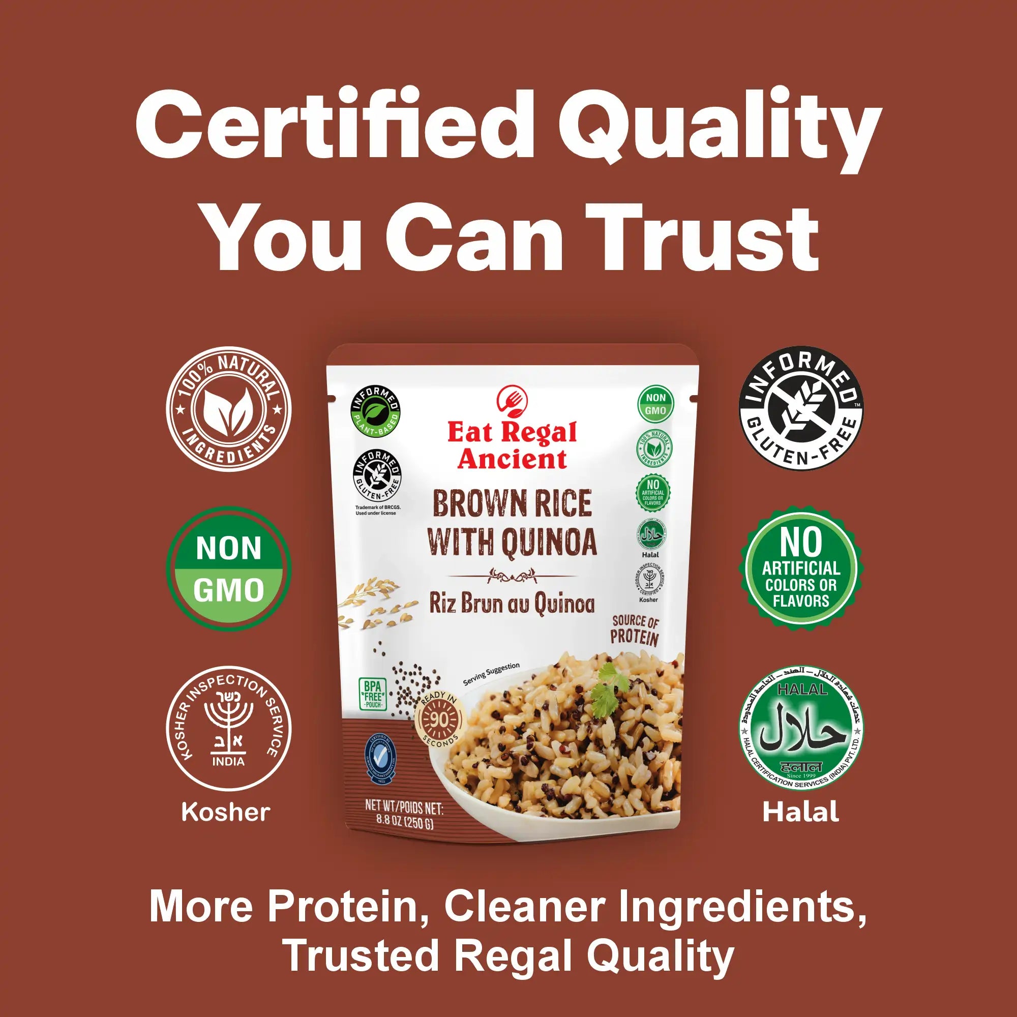 Eat Regal Brown Rice with Quinoa – Nutritious & Delicious, Ready in 85 Seconds, 8.8 oz Each (6-Pack, Total 52.8 oz) - Regal Kitchen Store