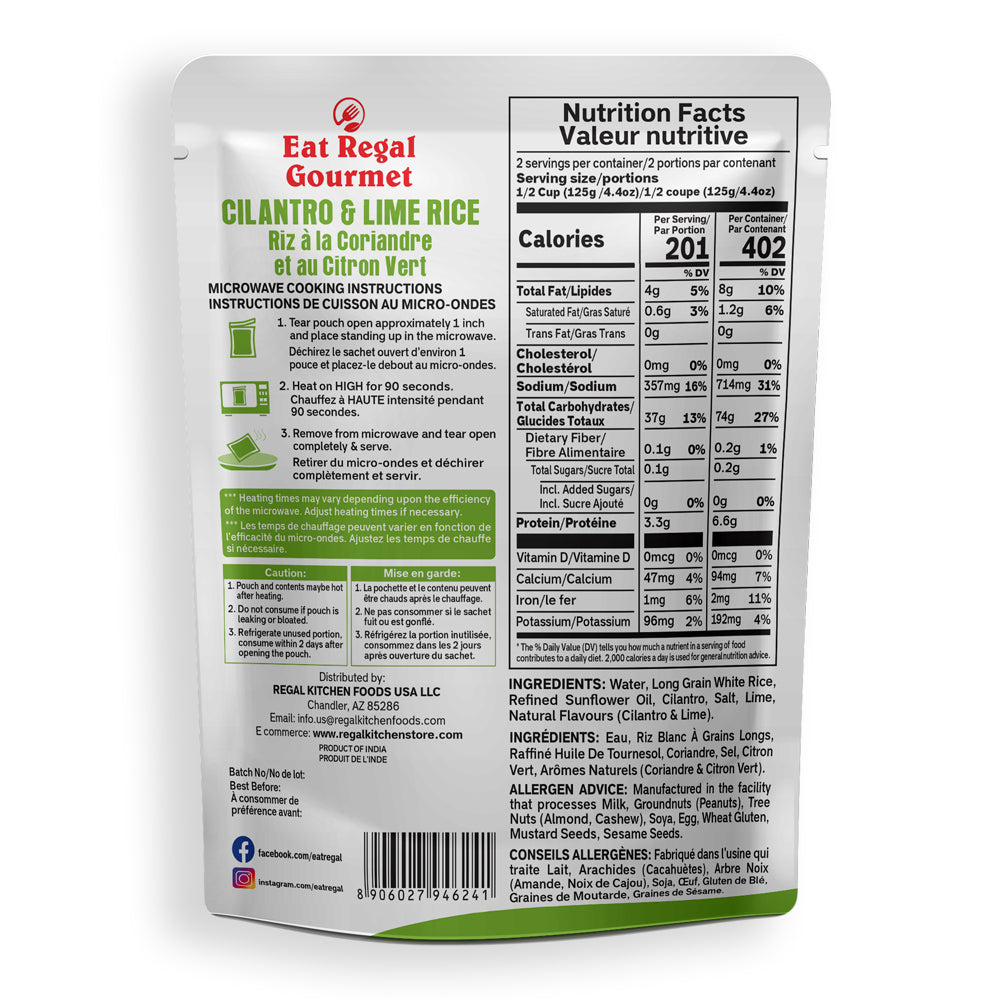 Eat Regal Cilantro & Lime Microwave Rice - Ready In 90 Seconds - Regal Kitchen Foods USA LLC