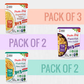 An infographic-style graphic highlighting purchase options for Pasta Zing products. It shows three separate colored horizontal sections. The Spaghetti section (orange) states "PACK OF 3" (one of each pasta type), while the Farfalle section (purple) and Fusilli section (green) are labeled with "PACK OF 2," indicating multi-packs of those single flavors. Each section includes an image of the corresponding pouch.