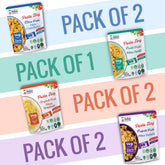 This image provides a clean, grid-based product lineup of the four Pasta Zing varieties: Fusilli, Elbow, Farfalle, and Spaghetti. Each pouch is displayed against a plain white background to highlight the color-coded branding and the "14g Protein" callout. The packaging also features a "1 Minute" microwave icon and a row of health and dietary icons at the bottom, confirming that the products are BPA-free, Non-GMO, Halal, and Kosher.