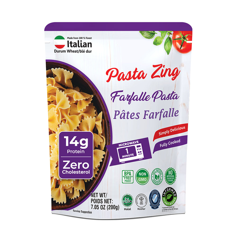 Pasta Zing Farfalle Pasta, Authentic Italian Al-Dente Texture, Ready in 1 Minute, 14g Protein 4g Fiber, Made with 100% Durum Wheat, Zero Sodium, Clean Label Shelf-Stable, 7.05 oz Pouch, Pack of 7 - Regal Kitchen Store