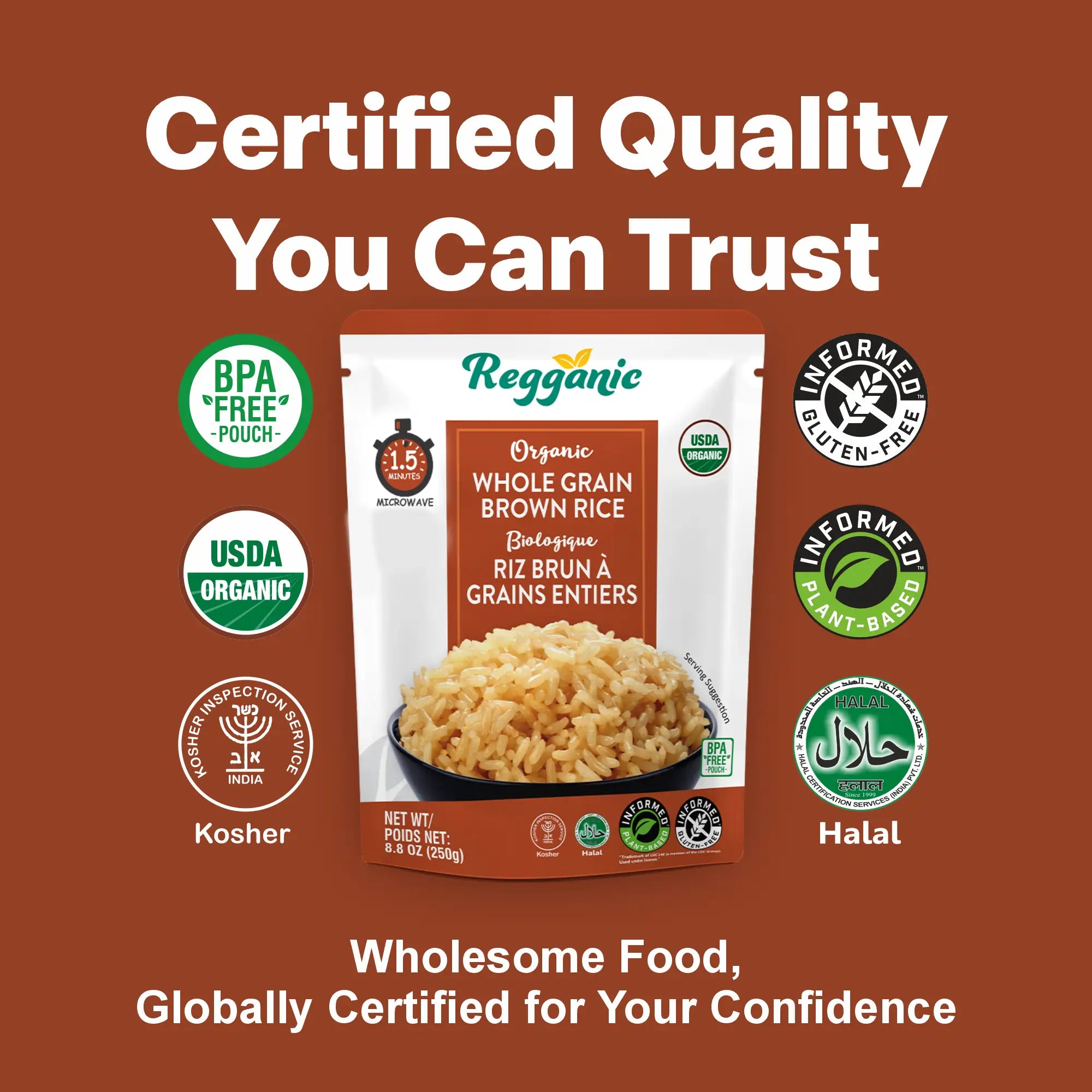 Six packages of Regal Kitchen Foods USA LLC Regganic organic whole grain brown rice, 8.8 oz each, with long grain appearance.