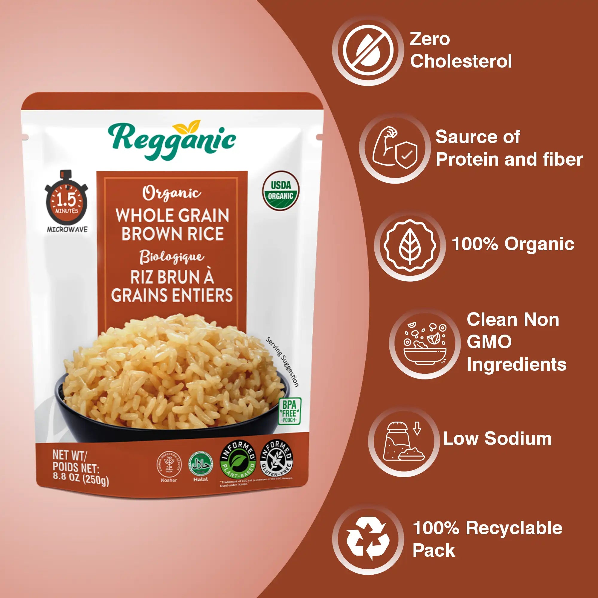 Six packs of Regal Kitchen Foods USA LLC Regganic Organic Whole Grain Brown Rice, 8.8 oz each, showcasing long grain, ready-to-eat rice.