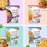 Ready-to-eat Pasta Zing 4-shape variety pack by Regal Kitchen Foods with cooked spaghetti, farfalle, elbow, and fusilli in 7 pouches