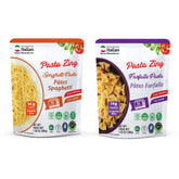 Ready-to-eat Pasta Zing Spaghetti and Farfalle variety pack by Regal Kitchen Foods USA LLC, featuring 7 quick-prep pasta servings.
