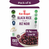 Pack of six Regal Kitchen Foods USA LLC black ready-to-eat rice packets, quick 1.5-minute microwaveable rice.