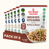 Six packs of Regal Kitchen Foods USA LLC ready-to-eat brown rice with quinoa, microwaveable whole-grain rice pouch with 10g protein, 6g fiber.