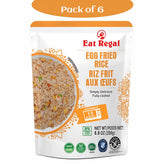 Six microwave-ready pouches of Regal Gourmet Egg Fried Rice, halal ready-to-eat rice by Regal Kitchen Foods USA LLC.
