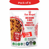 Ready-to-eat Regal Gourmet Red Beans and Rice in 8.8 oz pouches, non-GMO, BPA-free, microwaveable meal from Regal Kitchen Foods.