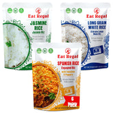 Eat Regal 3-flavor rice variety pack with six ready-to-eat rice pouches, featuring three rice favorites in convenient heat-and-eat packaging.