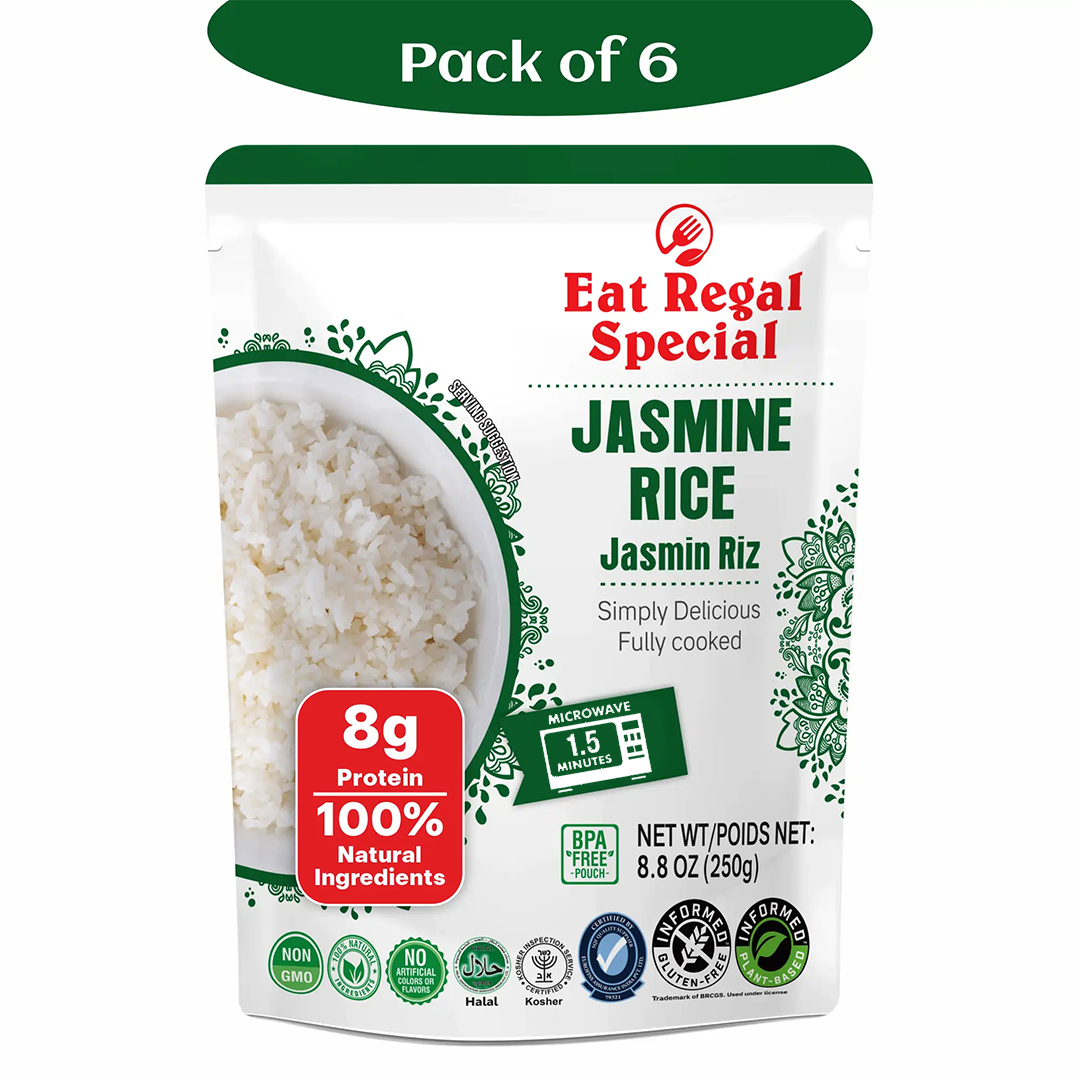 Ready-to-eat Jasmine rice from Regal Kitchen Foods USA LLC, served in a bowl with fluffy grains and a steaming hot presentation.