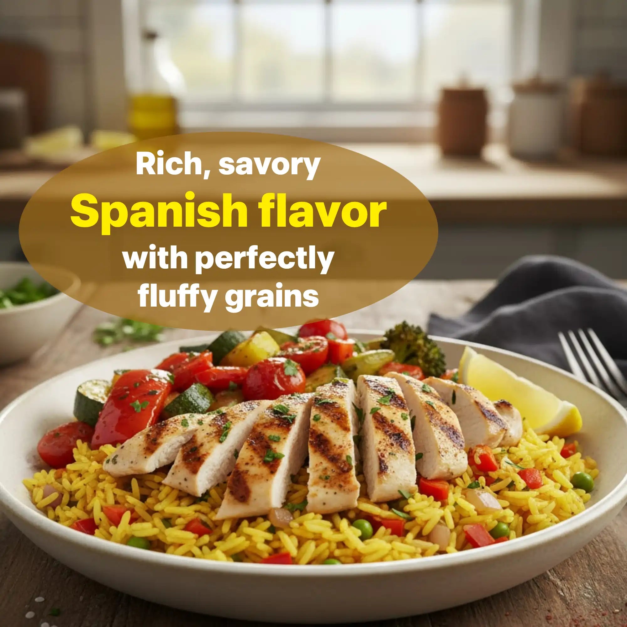 Ready-to-eat Regal Spanish rice in 8.8 oz packs, served in a bowl with a spoon, showcasing a flavorful, quick side dish.