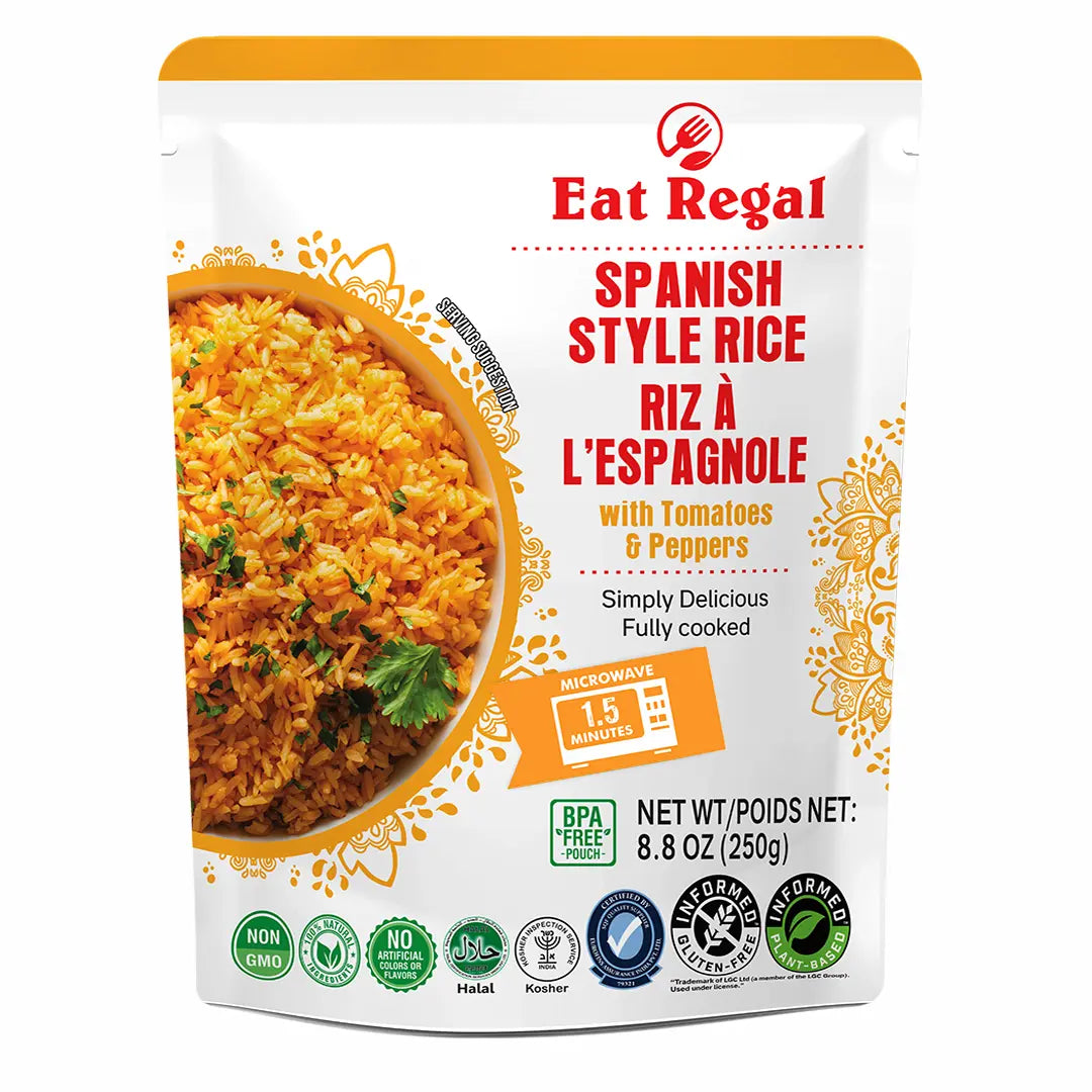 Ready-to-eat Regal Spanish Rice in 8.8 oz packs, featuring cooked rice with traditional Spanish seasoning, quick and convenient side dish
