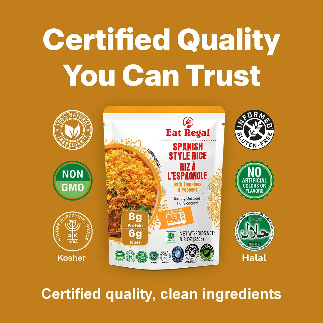 Ready-to-eat Regal Spanish Rice by Regal Kitchen Foods USA LLC in 8.8 oz packs, quick side dish, prepared and ready to serve