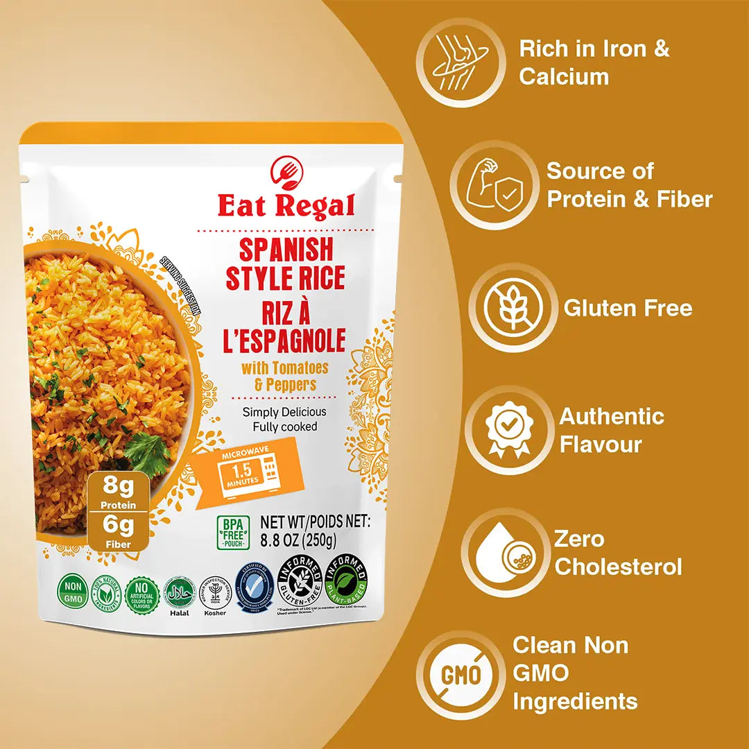 Ready-to-eat Regal Spanish Rice in 8.8 oz packs, featuring cooked rice with tomato and seasoning, quick side dish from Regal Kitchen Foods.