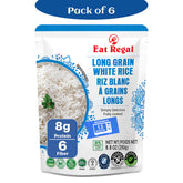 Six-pack of Regal Kitchen Foods USA LLC ready-to-eat long grain white rice, fluffy and versatile, shown in individual 8.8 oz packages.