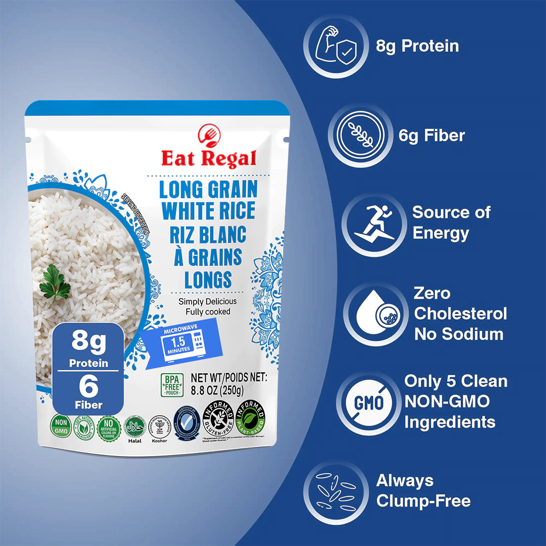 Six-pack of Regal Kitchen Foods USA LLC ready-to-eat long grain white rice, fluffy, versatile, in 8.8 oz packages.