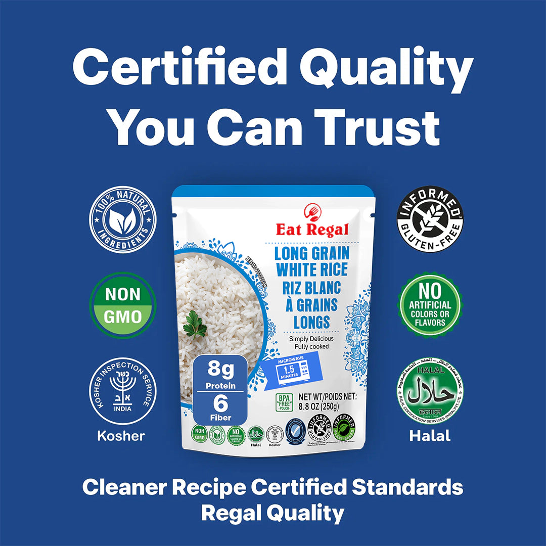 Six packs of Regal Kitchen Foods USA LLC ready-to-eat long grain white rice, fluffy, versatile, and quick to prepare in 1.5 minutes.