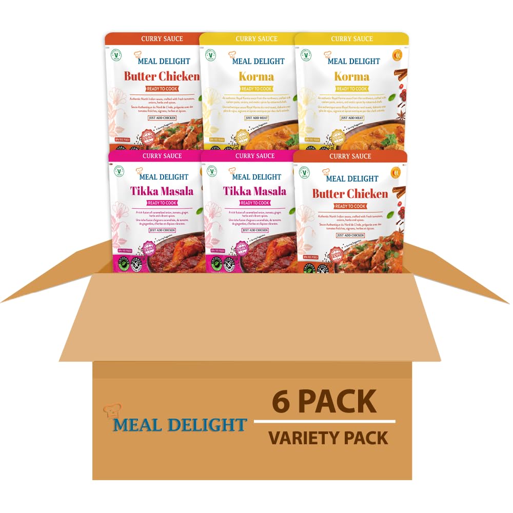 Assorted Indian curry simmer sauces from Regal Kitchen Store, including Tikka Masala, Korma, and Butter Chicken in a 6-pack.