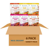 Assorted Indian curry simmer sauces from Regal Kitchen Store, including Tikka Masala, Korma, and Butter Chicken in a 6-pack.