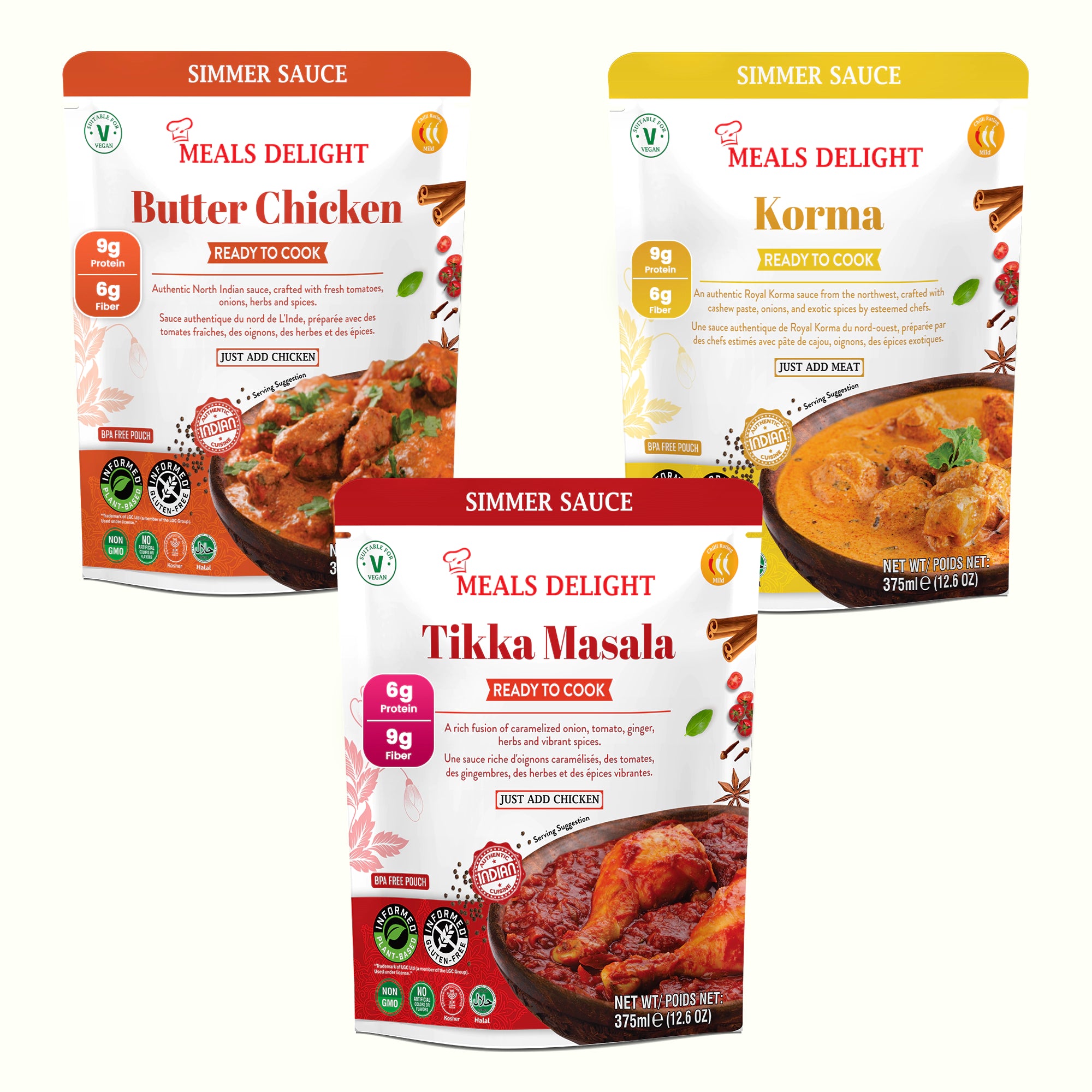 Assorted Regal Kitchen Store Indian curry simmer sauces, including Tikka Masala, Korma, and Butter Chicken in a 6-pack.