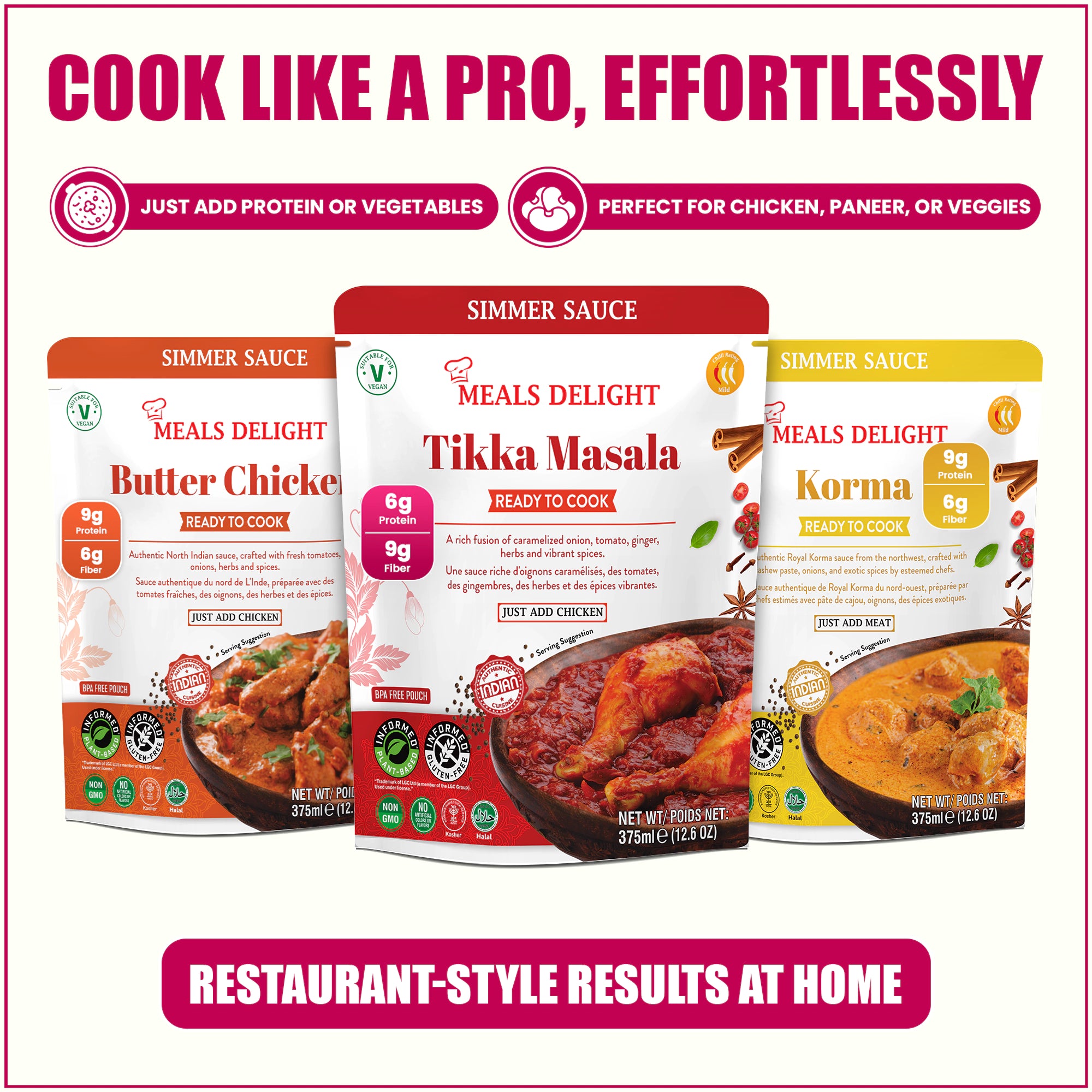 Assorted Regal Kitchen Store Indian Curry Simmer Sauces 6-pack with Tikka Masala, Korma, Butter Chicken for authentic Indian meals.