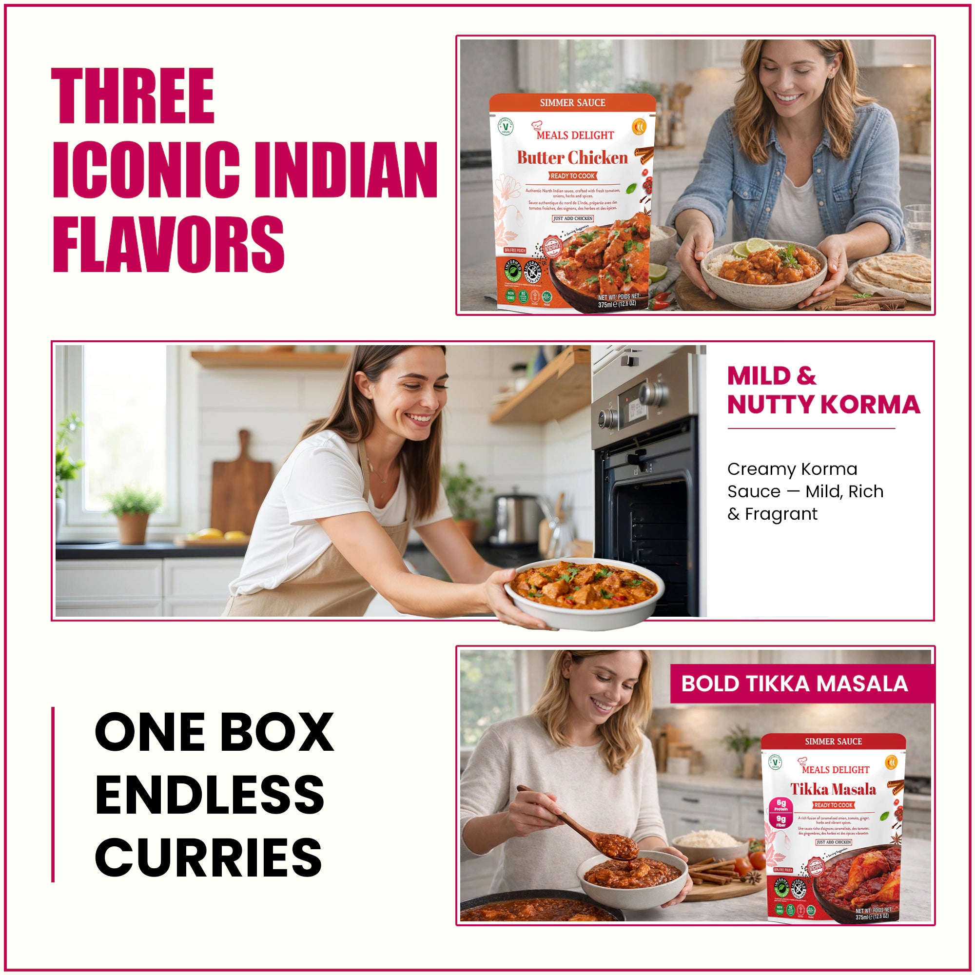 Assorted Meals Delight Indian Curry simmer sauces in a 6-pack, including Tikka Masala, Korma, and Butter Chicken, by Regal Kitchen Store.