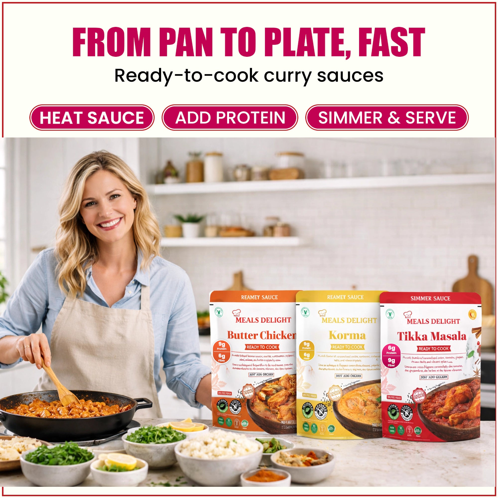 Assorted Regal Kitchen Store Indian curry simmer sauces including Tikka Masala, Korma, and Butter Chicken in a 6-pack.