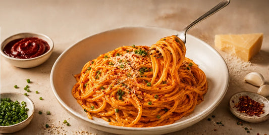 A bowl of creamy spicy spaghetti pasta garnished with green onions and parmesan, surrounded by red pepper flakes, garlic, and fresh herbs.
