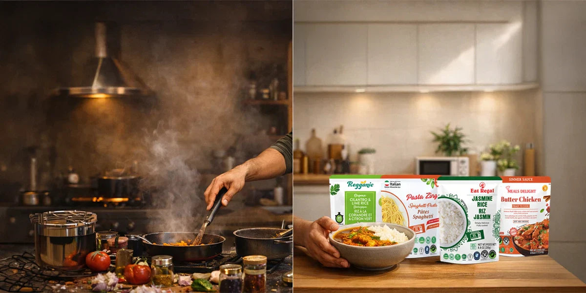 Comparison of labor-intensive stovetop cooking versus the convenience of heat-and-eat meals. The right side highlights a variety of shelf-stable products including Cilantro & Lime Rice, Spaghetti, Jasmine Rice, and Butter Chicken simmer sauce.