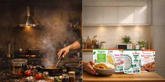 Comparison of labor-intensive stovetop cooking versus the convenience of heat-and-eat meals. The right side highlights a variety of shelf-stable products including Cilantro & Lime Rice, Spaghetti, Jasmine Rice, and Butter Chicken simmer sauce.