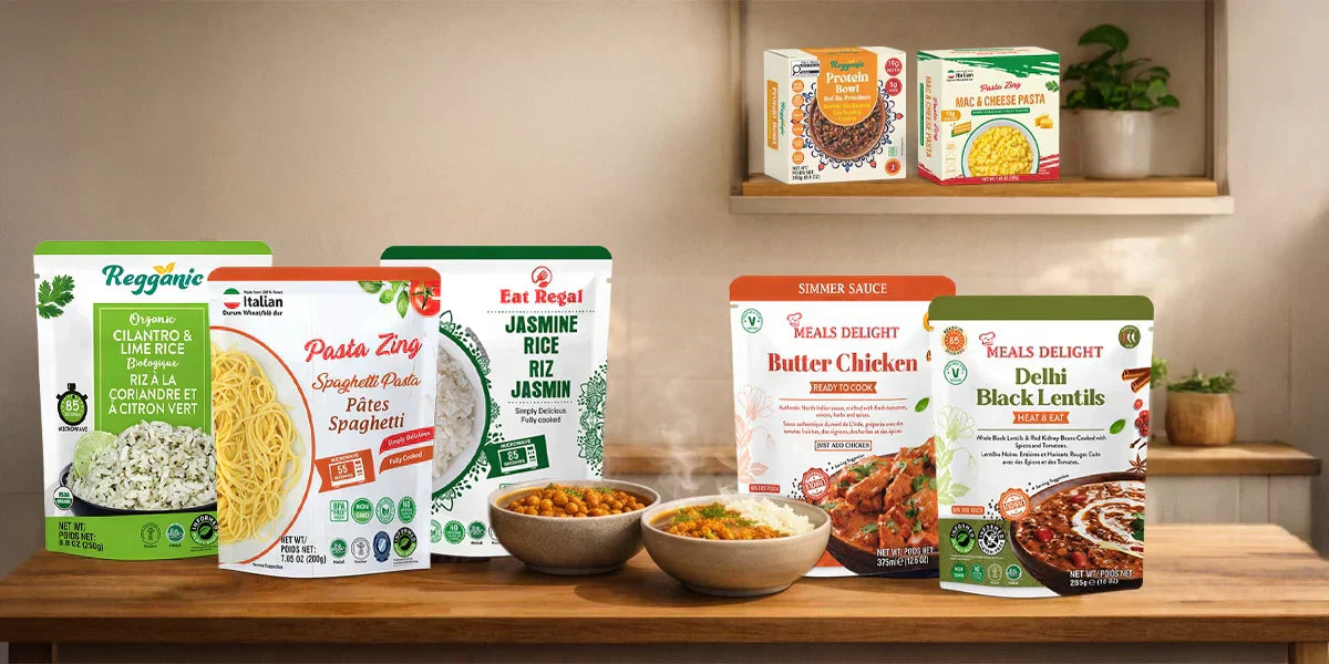 Regal kitchen foods - jasmine rice -Eat regal, pasta zing , meals delight - regganic Fully Cooked Thai Jasmine Rice, Ready in 90 Seconds," against a clean white background with subtle leaf and water droplet patterns.