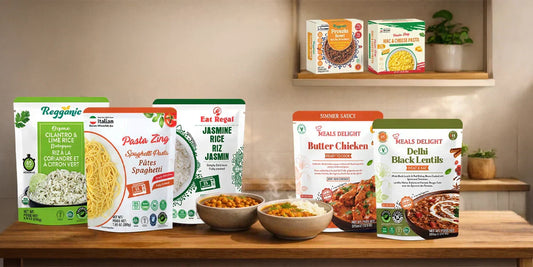 Regal kitchen foods - jasmine rice -Eat regal, pasta zing , meals delight - regganic Fully Cooked Thai Jasmine Rice, Ready in 90 Seconds," against a clean white background with subtle leaf and water droplet patterns.
