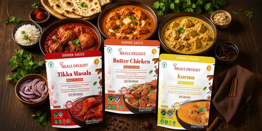 Meals Delight Ready-to-Cook Simmer Sauce bundle. Featuring our signature Tikka Masala, Butter Chicken, and Korma sauces, this pack delivers rich, aromatic North Indian flavors