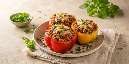 Three stuffed bell peppers filled with seasoned meat, rice, and melted cheese, garnished with fresh herbs on a ceramic plate.