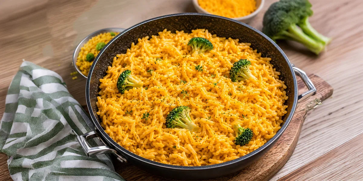 A freshly prepared cheesy broccoli rice dish in a black non-stick cooking pan, showcasing a quick and delicious vegetarian meal option.