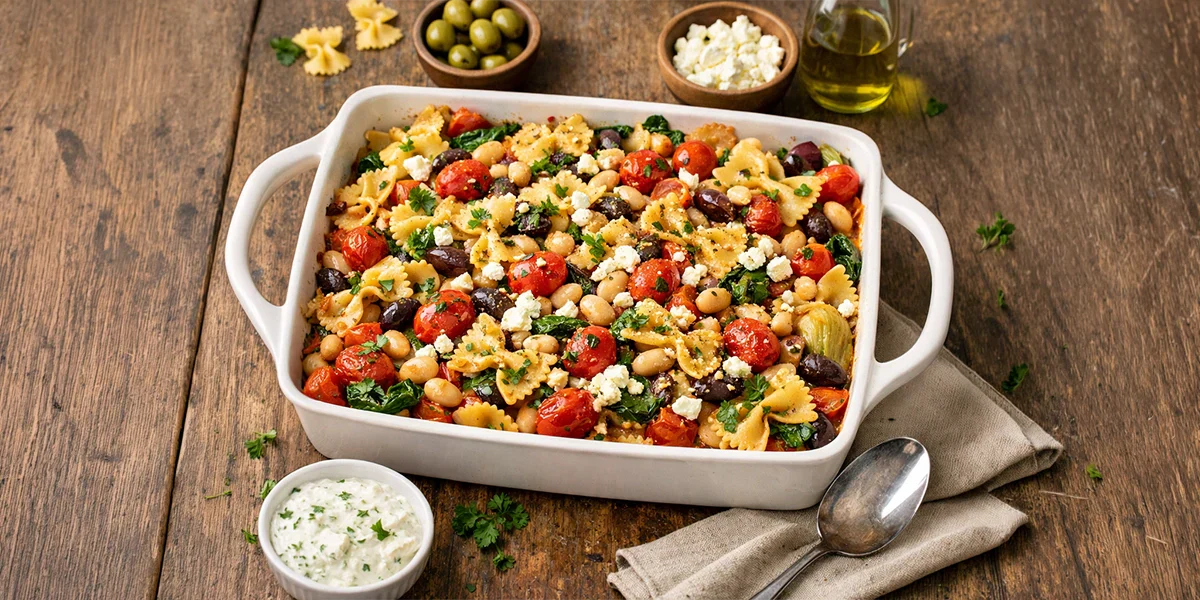 Roasted Farfalle pasta dish in a white ceramic baking tray, featuring cherry tomatoes, olives, white beans, spinach, and crumbled feta cheese on a wooden table.