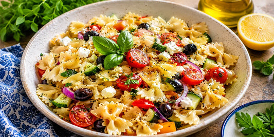 A vibrant bowl of Mediterranean Garden Farfalle Pasta salad featuring bow-tie pasta mixed with cherry tomatoes, black olives, cucumbers, red onion, and crumbled feta cheese, garnished with fresh basil.