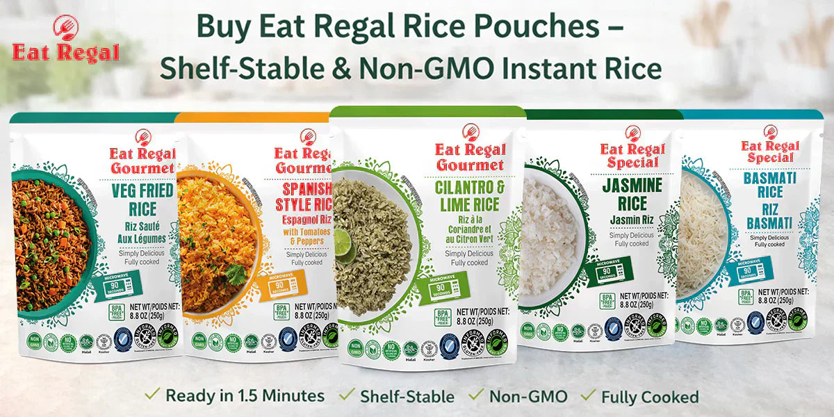 Shop Eat Regal rice pouches: the ultimate non-GMO, shelf-stable, and microwave-ready meal solution. Get fluffy, authentic rice in just 90 seconds!