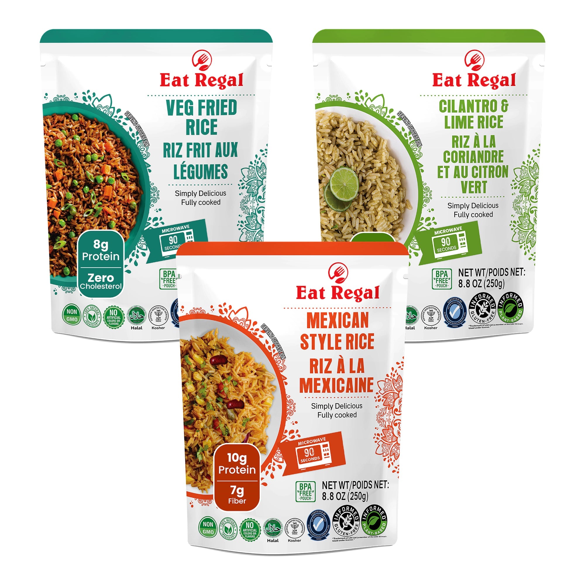 Assorted Regal Kitchen Foods USA LLC ready-to-eat rice pouches from the Eat Regal Gourmet Rice Variety Pack, featuring different rice flavors.
