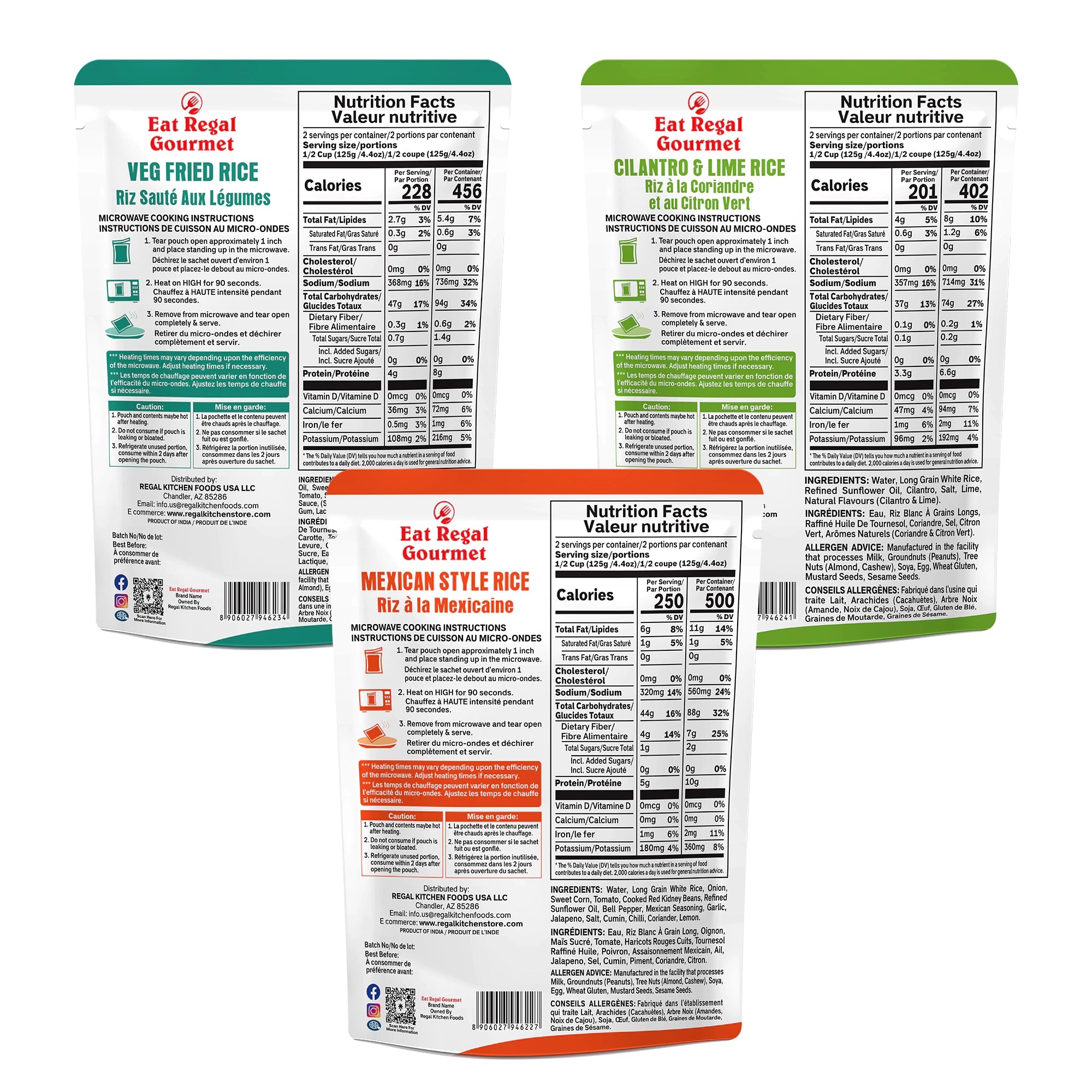 Assorted Regal Kitchen Foods USA LLC ready-to-eat rice pouches in a variety pack, featuring different flavors and colorful packaging.