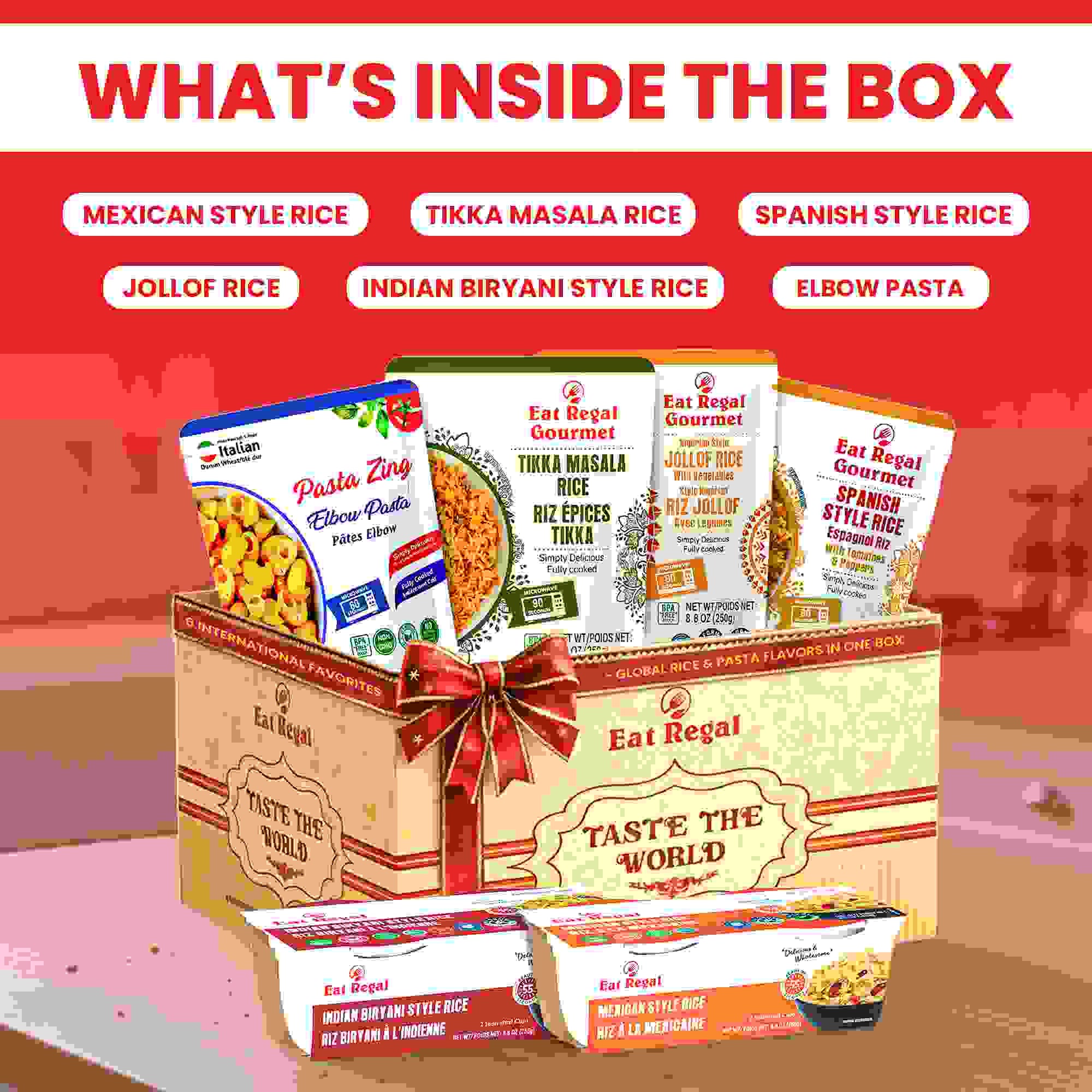 Eat Regal Taste the World Gift Box – Global Rice & Pasta Variety Pack (6 Items), Ready-to-Eat Sides from India, Nigeria, Mexico, Spain & Italy | Microwave-Ready in 1–2 Minutes | Non-GMO, Clean-Label Food Gift - Regal Kitchen Store