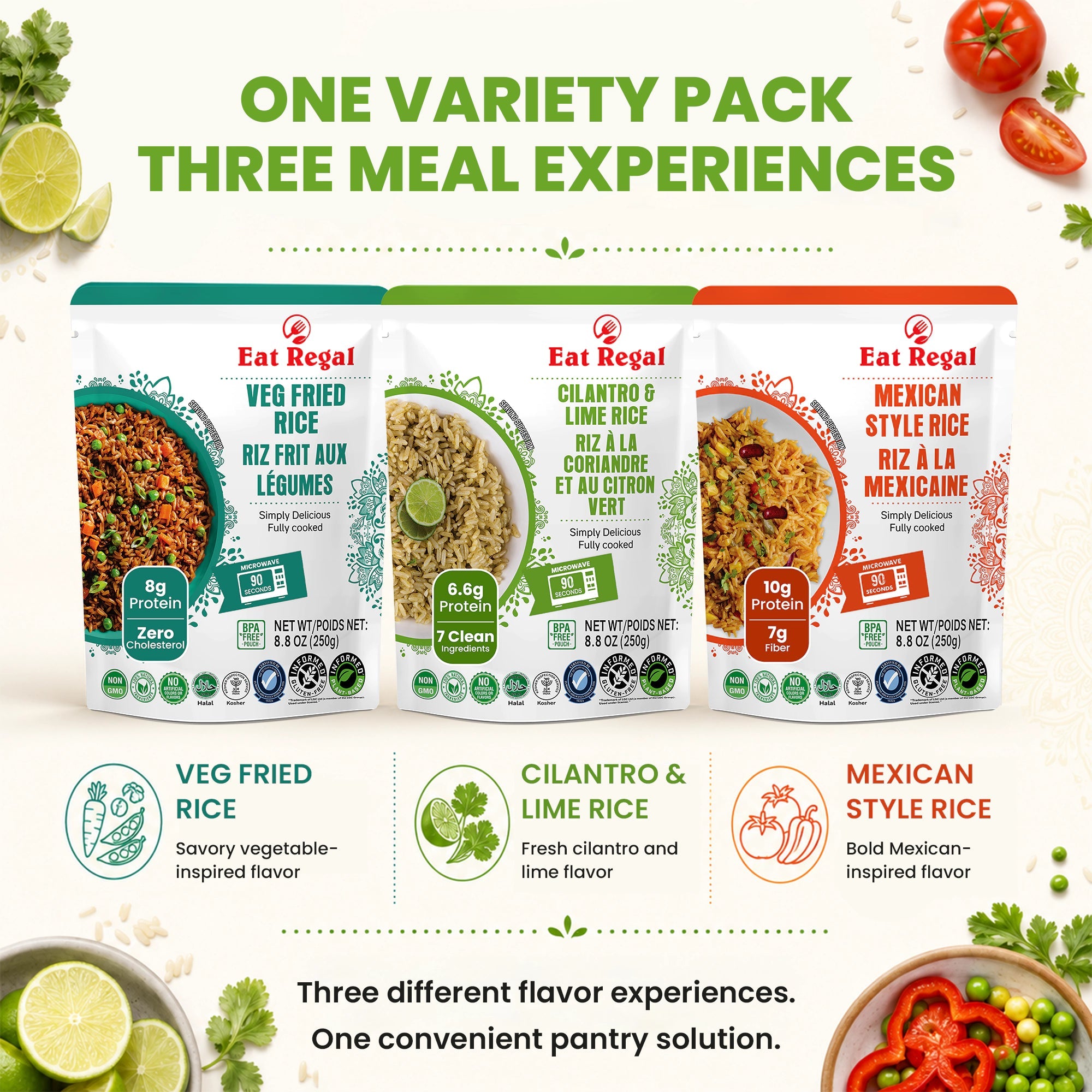 Assorted Regal Kitchen Foods USA LLC ready-to-eat rice pouches in a variety pack, featuring six different rice flavors.