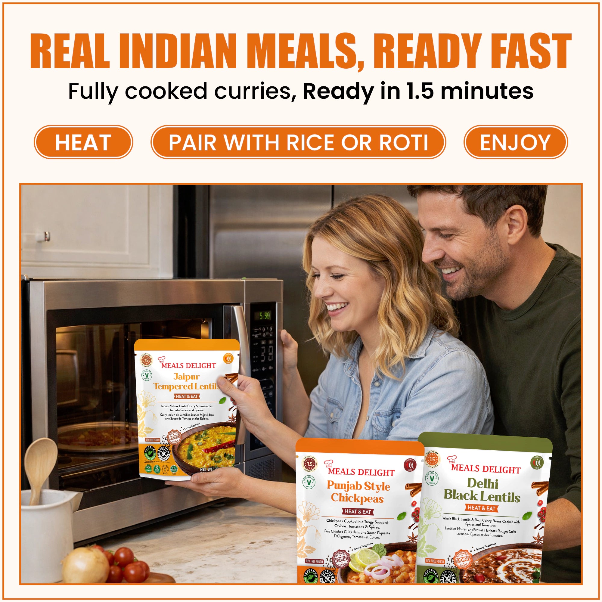 Meal Delight Dal Makhani, Dal Tadka & Chana Masala, Ready to Eat Indian Meals, Variety Pack of 6, Heat & Eat in 1.5 Minutes, No Preservatives, Shelf Stable, No Artificial Colors or Flavors Variety 6 Pack , 10 oz - Regal Kitchen Store