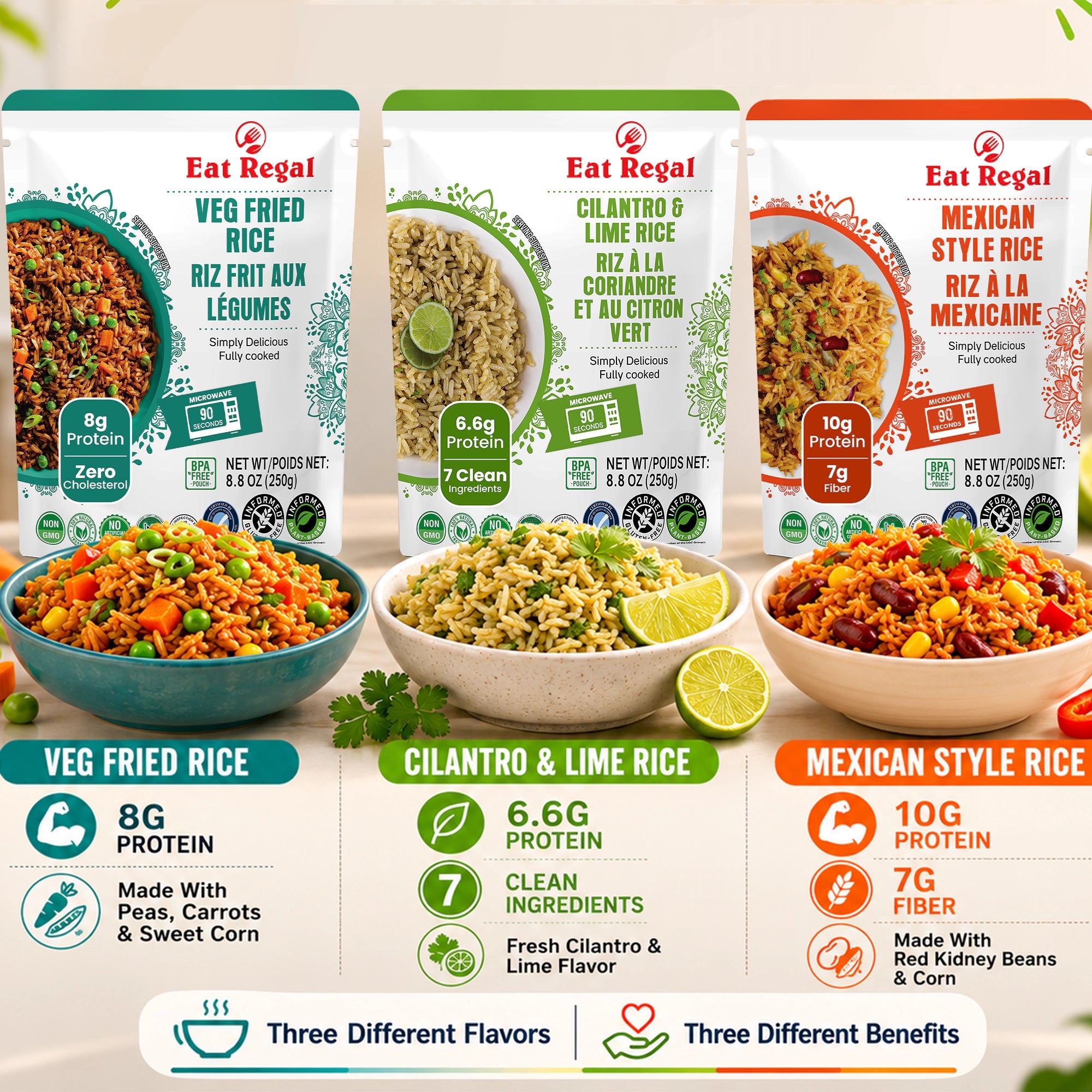 Ready-to-eat rice pouches from Regal Kitchen Foods Gourmet Rice Variety Pack, featuring six different flavorful rice options.